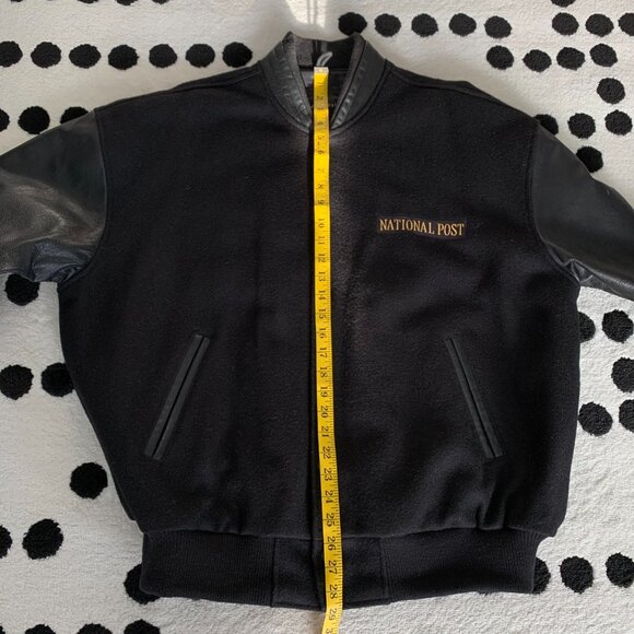 Vintage Varsity Bomber Jacket Mens L Black Wool Leather Letterman National Post - Picture 13 of 15